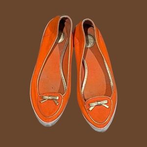 Tory Burch Orange Suede Flats with Gold Bow